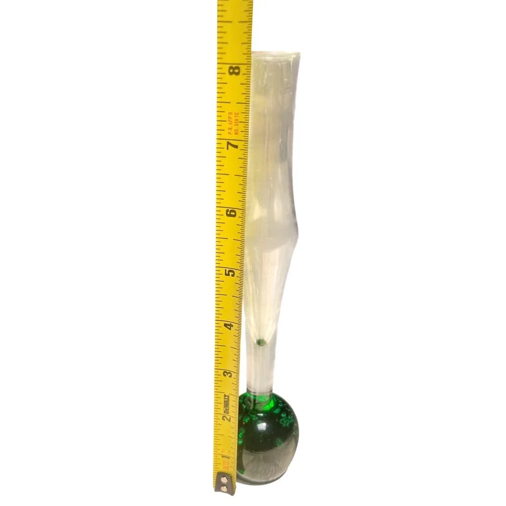 Vintage Green Controlled Bubble Base Bud Vase Clear Art Glass Mid Century 8 Inch